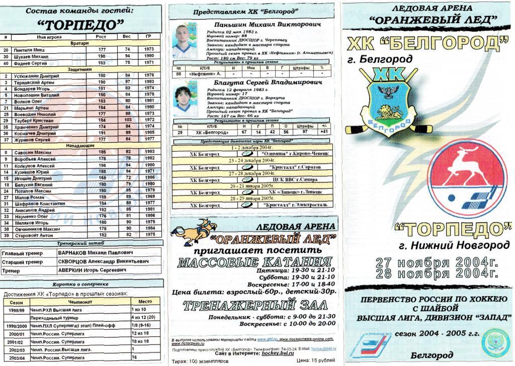 ХК Белгород-Торпедо Нижний Новгород 27-28.11.2004