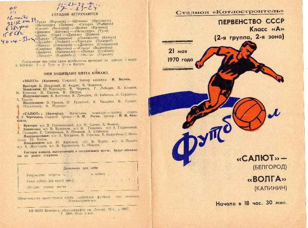 Салют Белгород-Волга Калинин(Тверь) 1970