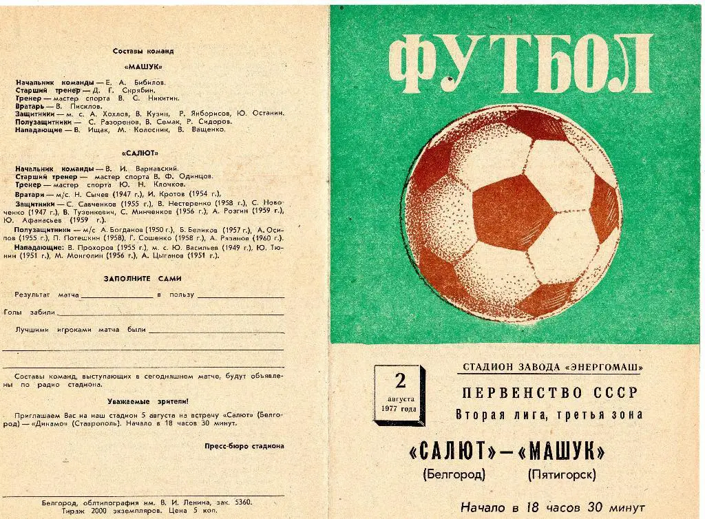 Салют Белгород-Машук Пятигорск 1977