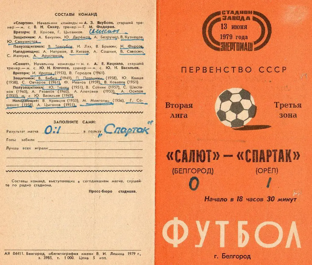 Салют Белгород-Спартак Орел 1979