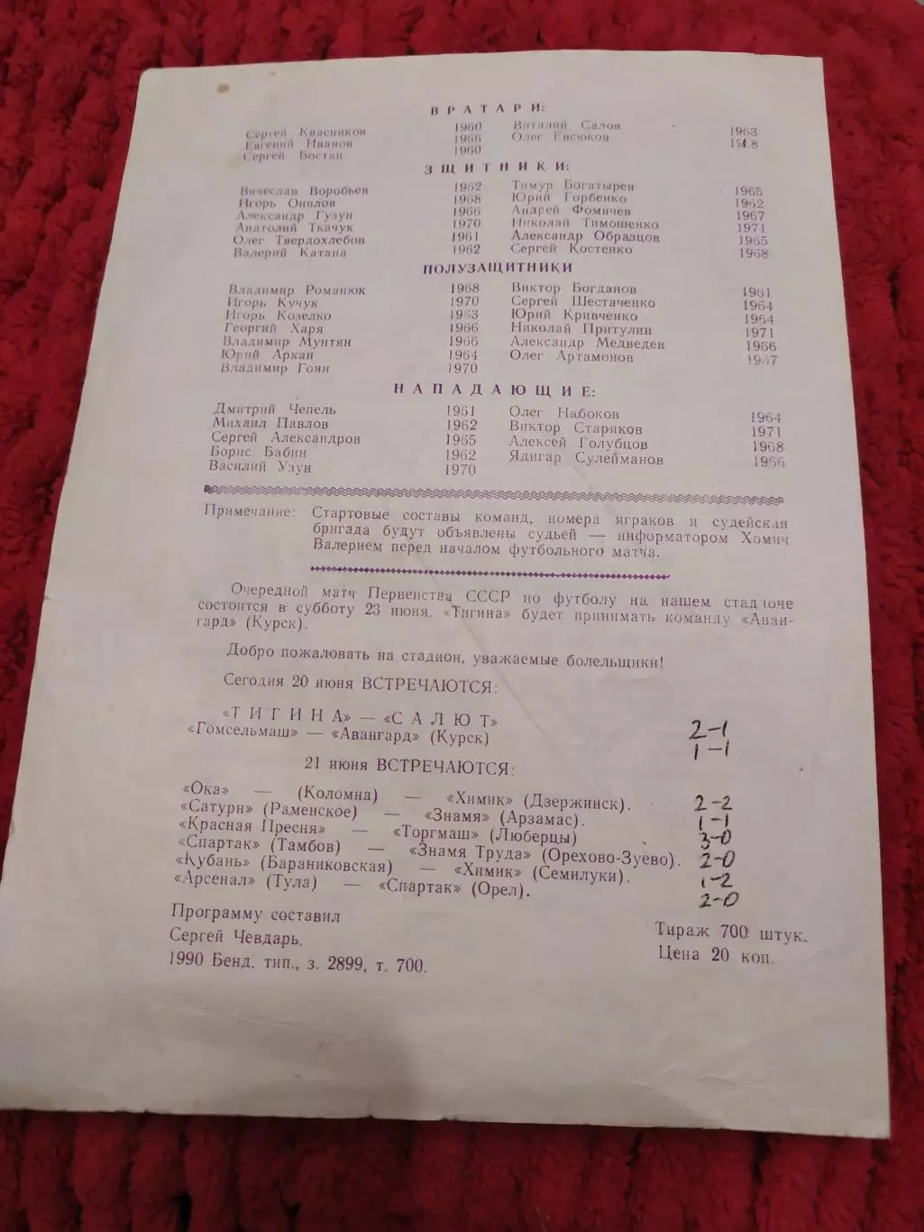 Тигина Бендеры-Салют Белгород 1990 1