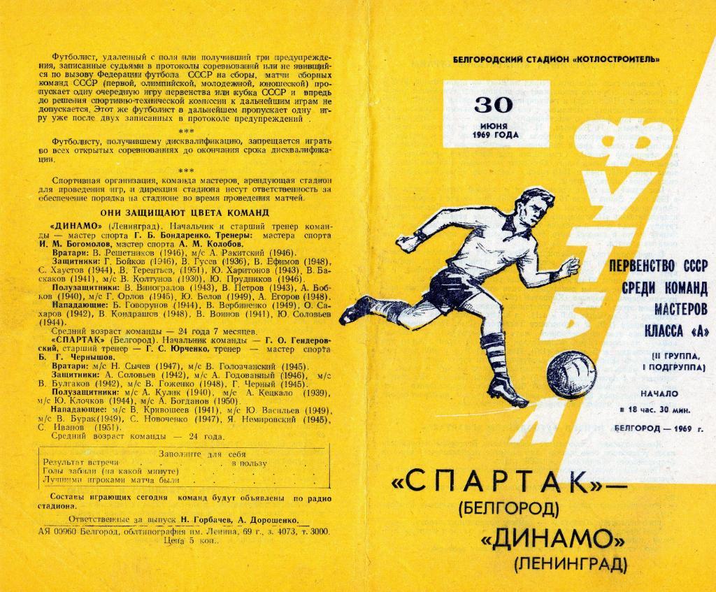 Спартак Белгород-Динамо Ленинград 1969
