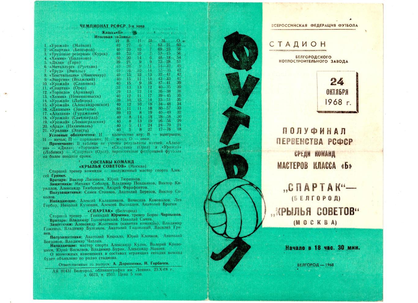 Спартак Белгород-Крылья Советов Москва 1968