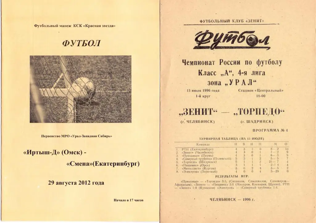 КФК Программка Зенит Челябинск - Торпедо Шадринск 1996