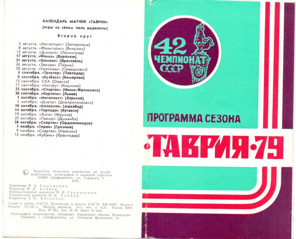 Программа сезона 1979 Таврия Симферополь