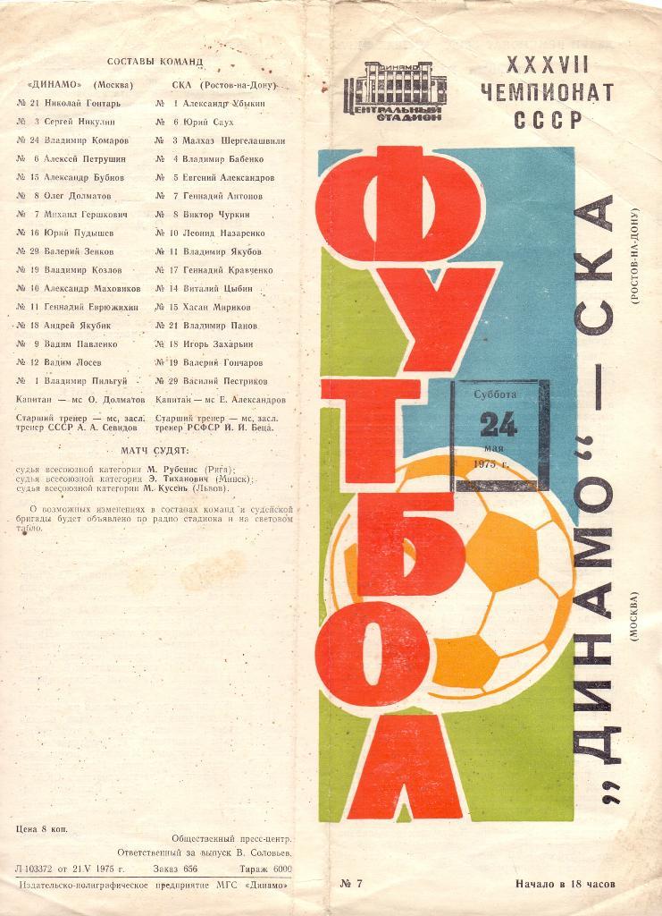 Динамо Москва - СКА Ростов-на-Дону 1975