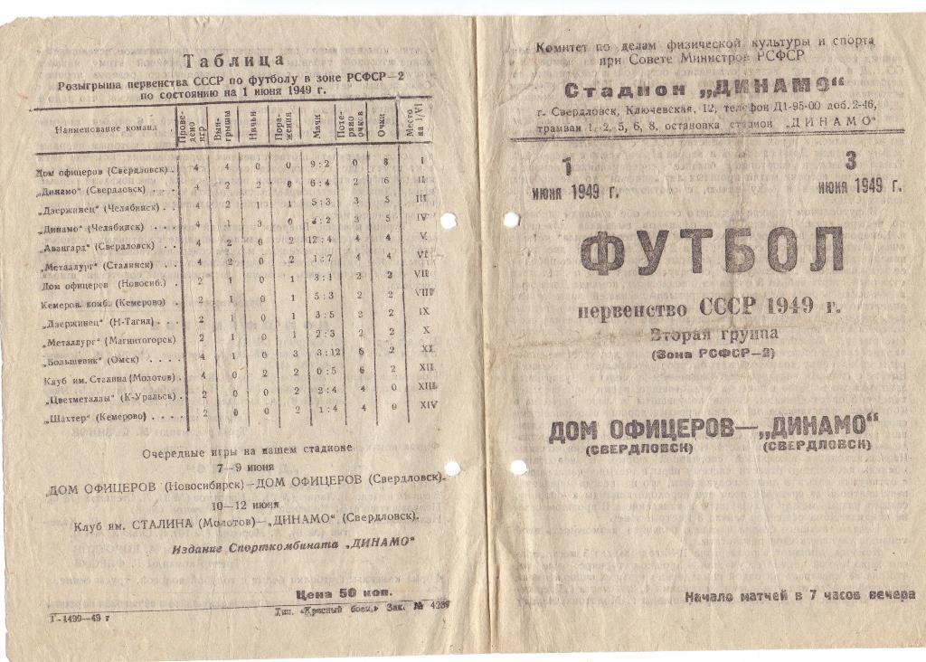 Дом Офицеров Свердловск - Динамо Свердловск 01 и 03.06.1949