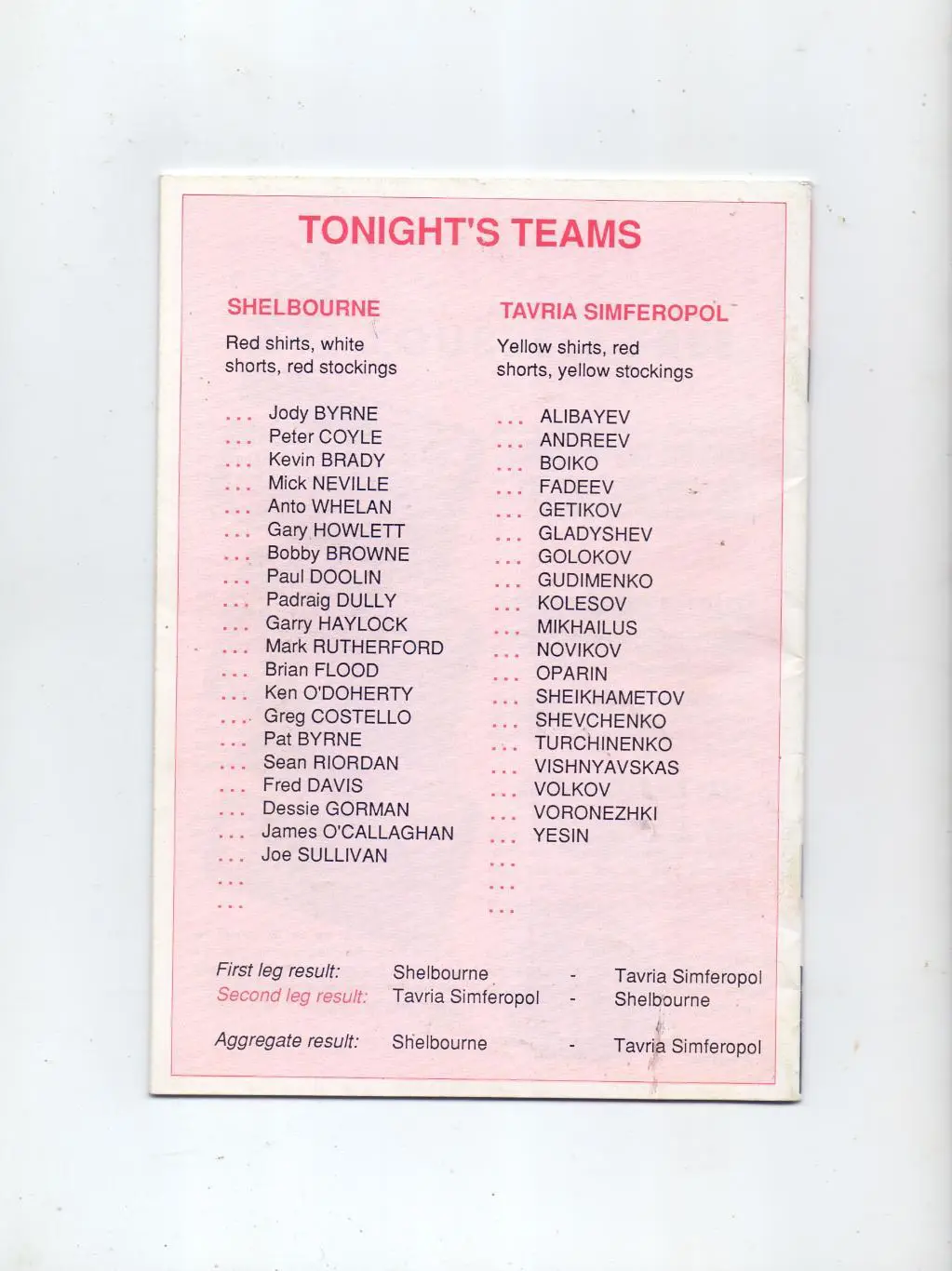 Кубок чемпионов, 19.07.1992 ФК Шелбурн Ирландия - Таврия Симферополь 1
