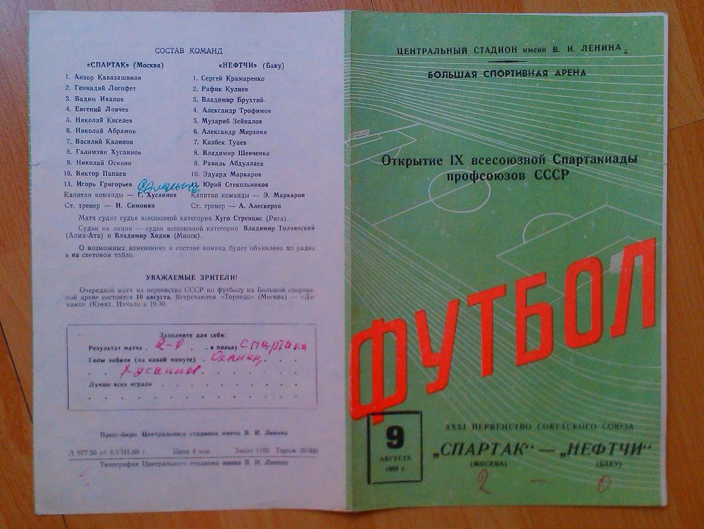 Спартак Москва - Нефтчи Баку 09.08.1969
