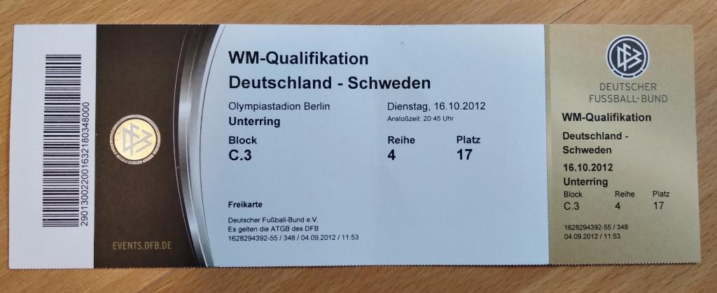 Германия - Швеция 16.10.2012 + билет + инфопротокол 1