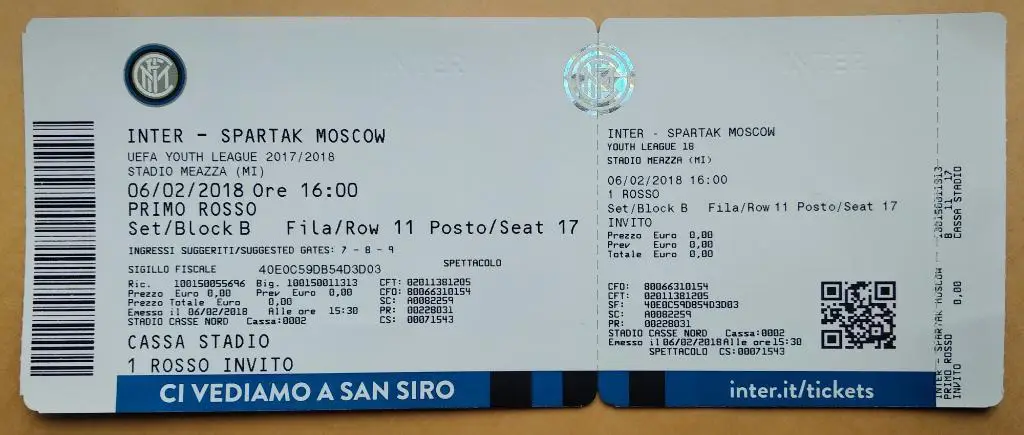 Билет Юношеская Лига Чемпионов Интер - Спартак 06.02.2018