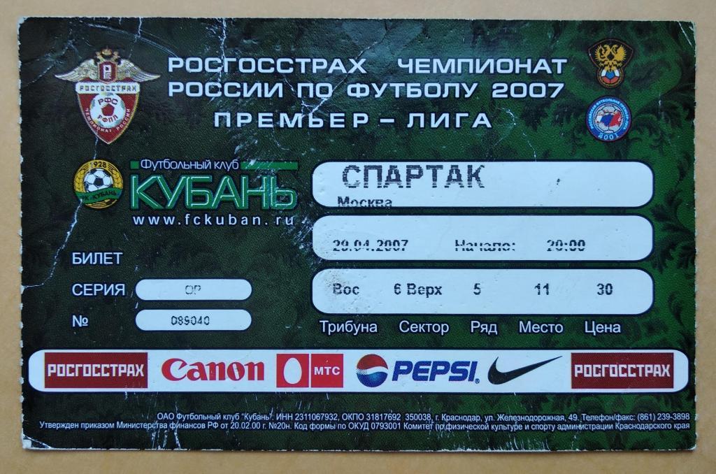 Кубань Краснодар- Спартак Москва 29.04.2007