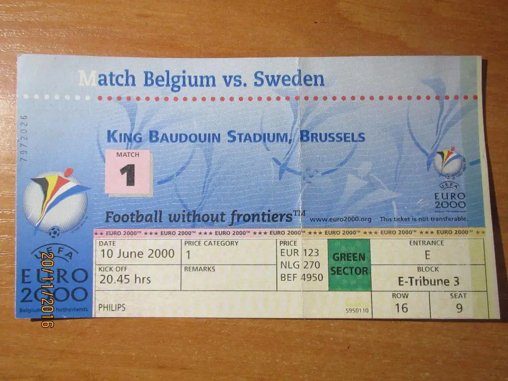 Билет Бельгия-Швеция 10.06.2000 , ЕВРО 2000 , Матч №1.