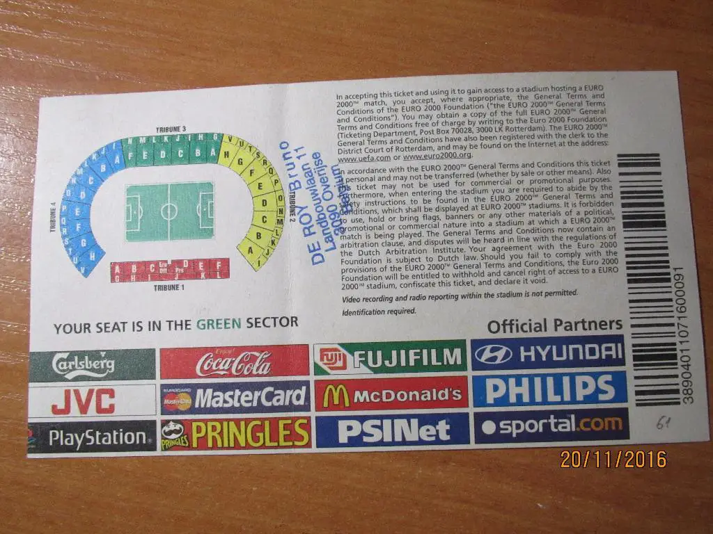 Билет Бельгия-Швеция 10.06.2000 , ЕВРО 2000 , Матч №1. 1