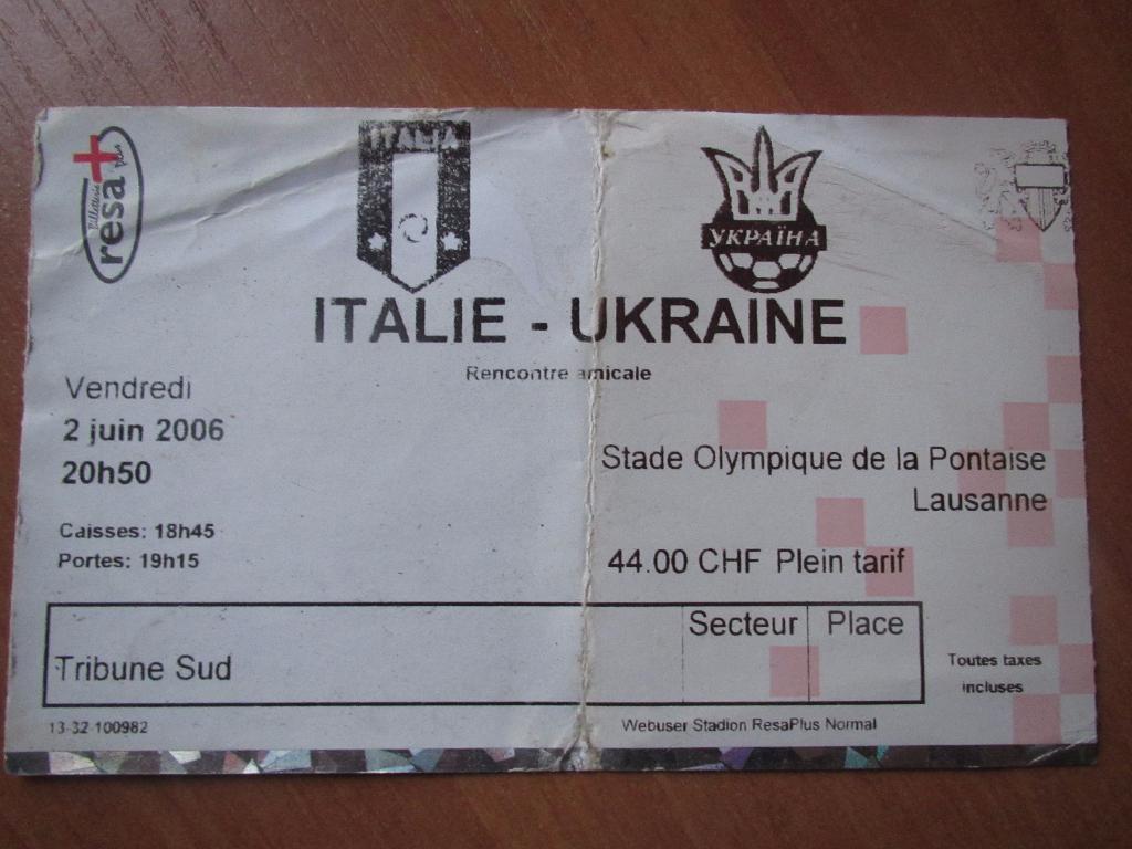 Билет Италия-Украина 02.06.2006г.