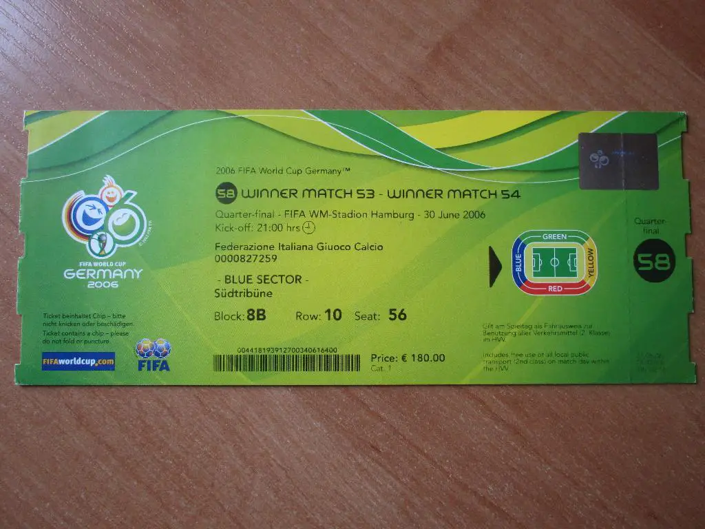 Билет Италия-Украина 30.06.2006 1/4 финала ЧМ