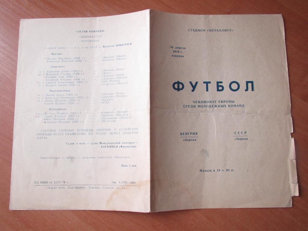 СССР-Венгрия 30.04.1974 (ЧЕ среди молодежн.команд) 2