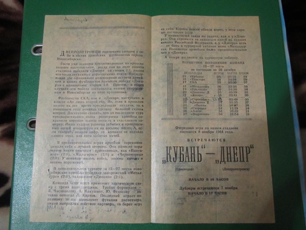 Днепр Днепропетровск-СКА Новосибирск 31.10.1964г. 1