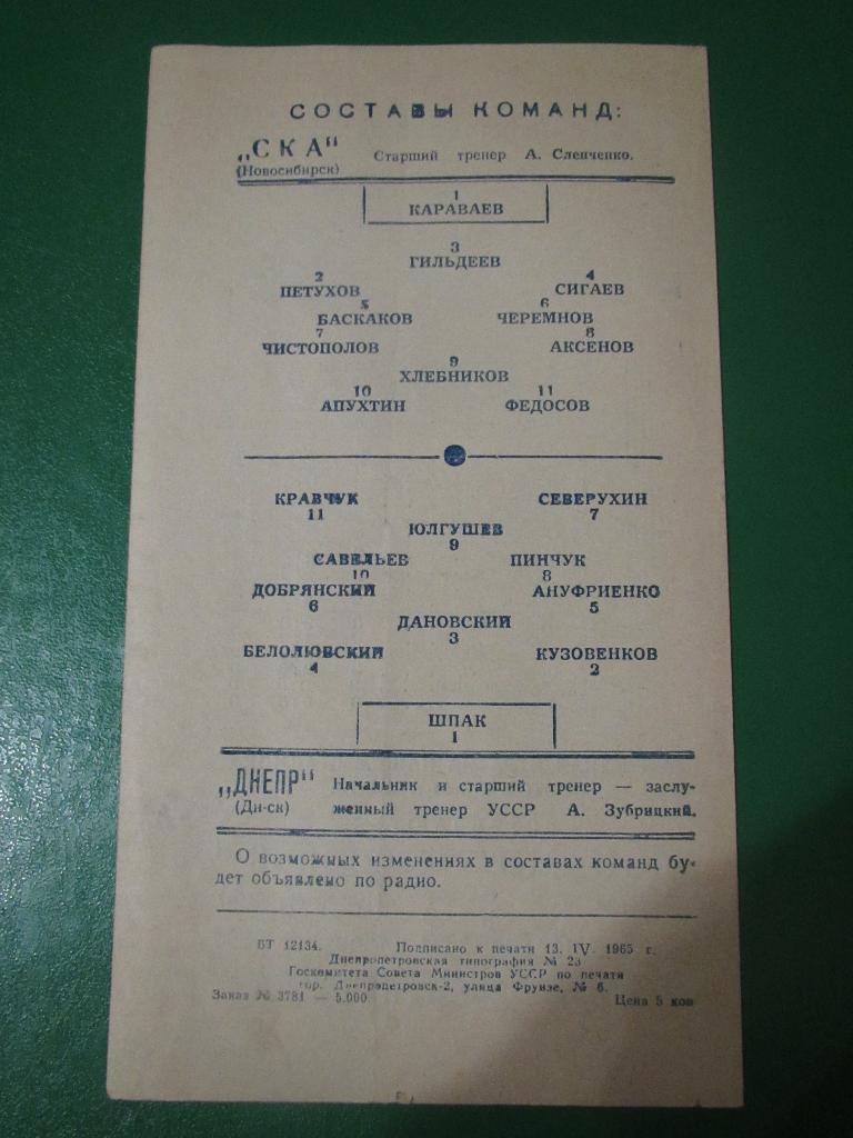 Днепр Днепропетровск-СКА Новосибирск 16.04.1965г. 3