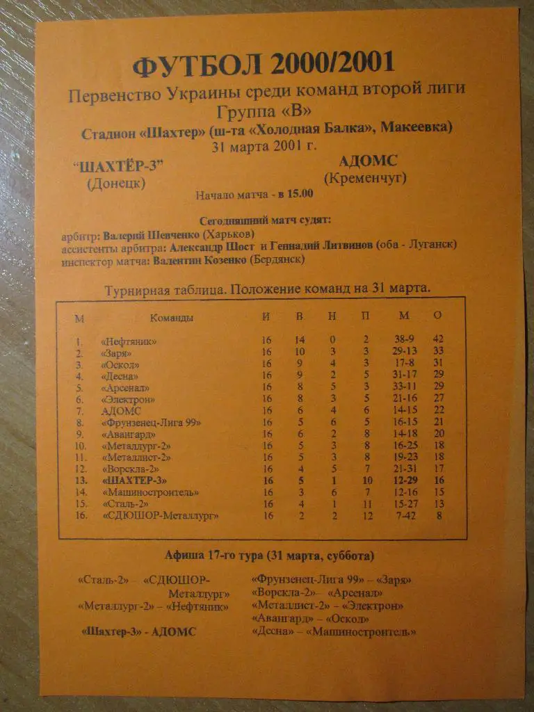 Шахтер-3 Донецк-Адомс Кременчуг 31.03.2001