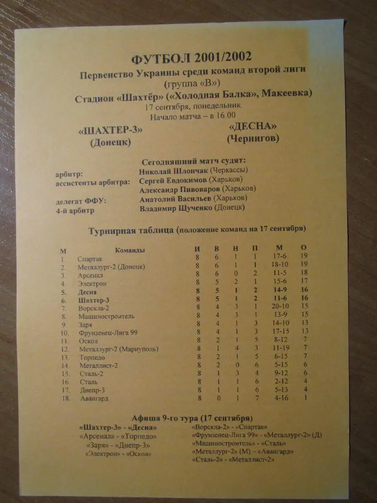 Шахтер-3 Донецк-Десна Чернигов 17.09.2001