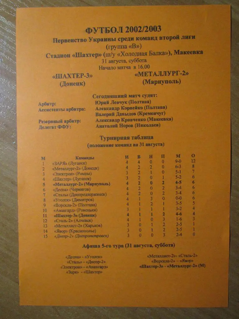 Шахтер-3 Донецк-Металлург-2 Мариуполь 31.08.2001