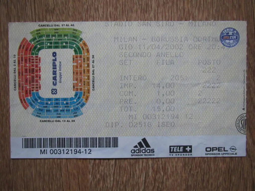 Билет Милан-Боруссия Дортмунд 11.04.2002