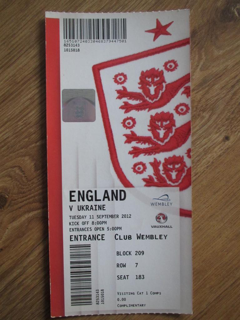 Билет Англия-Украина 11.09.2012