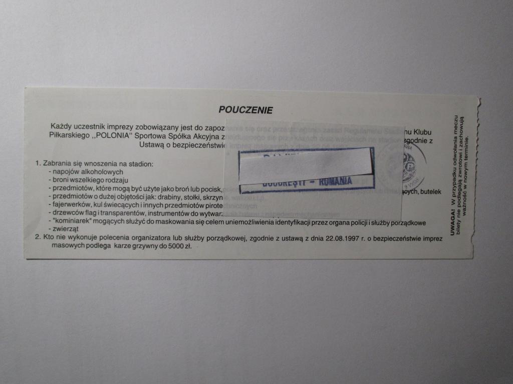 Билет Полония Варшава-Слима Уондерерс 29.08.2002 1