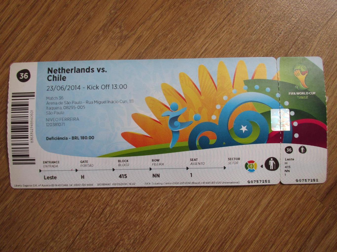 Билет Нидерланды-Чили 23.06.2014