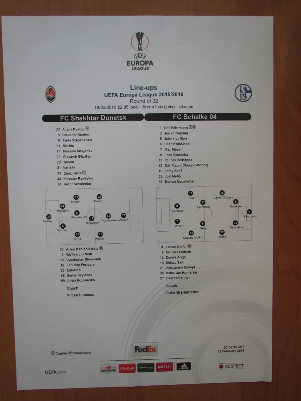 Протокол Шахтер Донецк-Шальке 18.02.2016