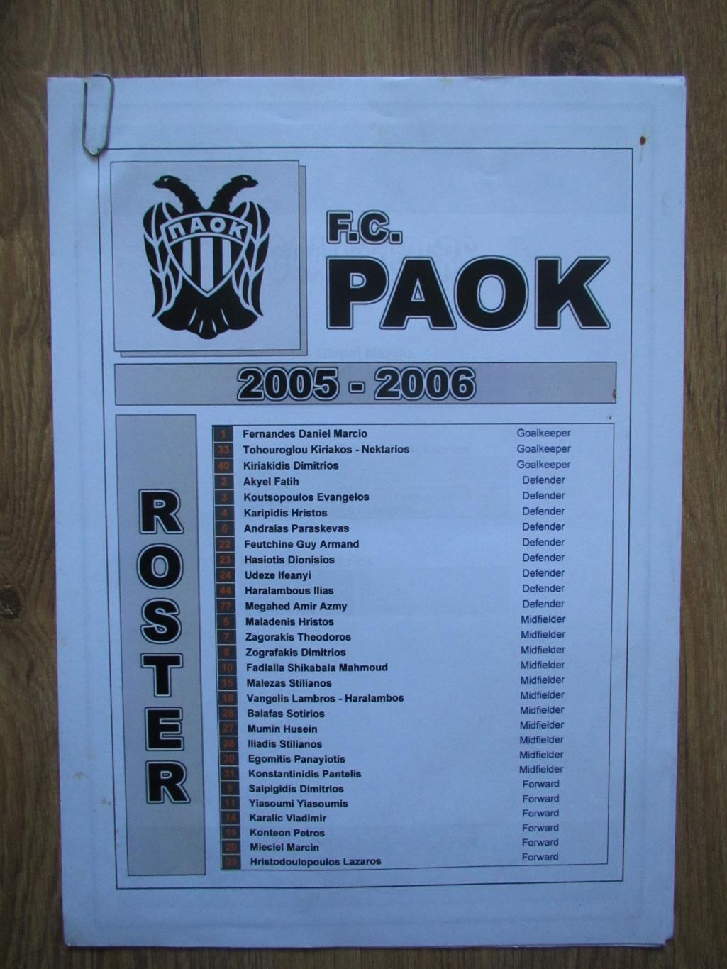 ФК ПАОК Салоники состав команды сезон 2005/2006 (фото игроков нет)