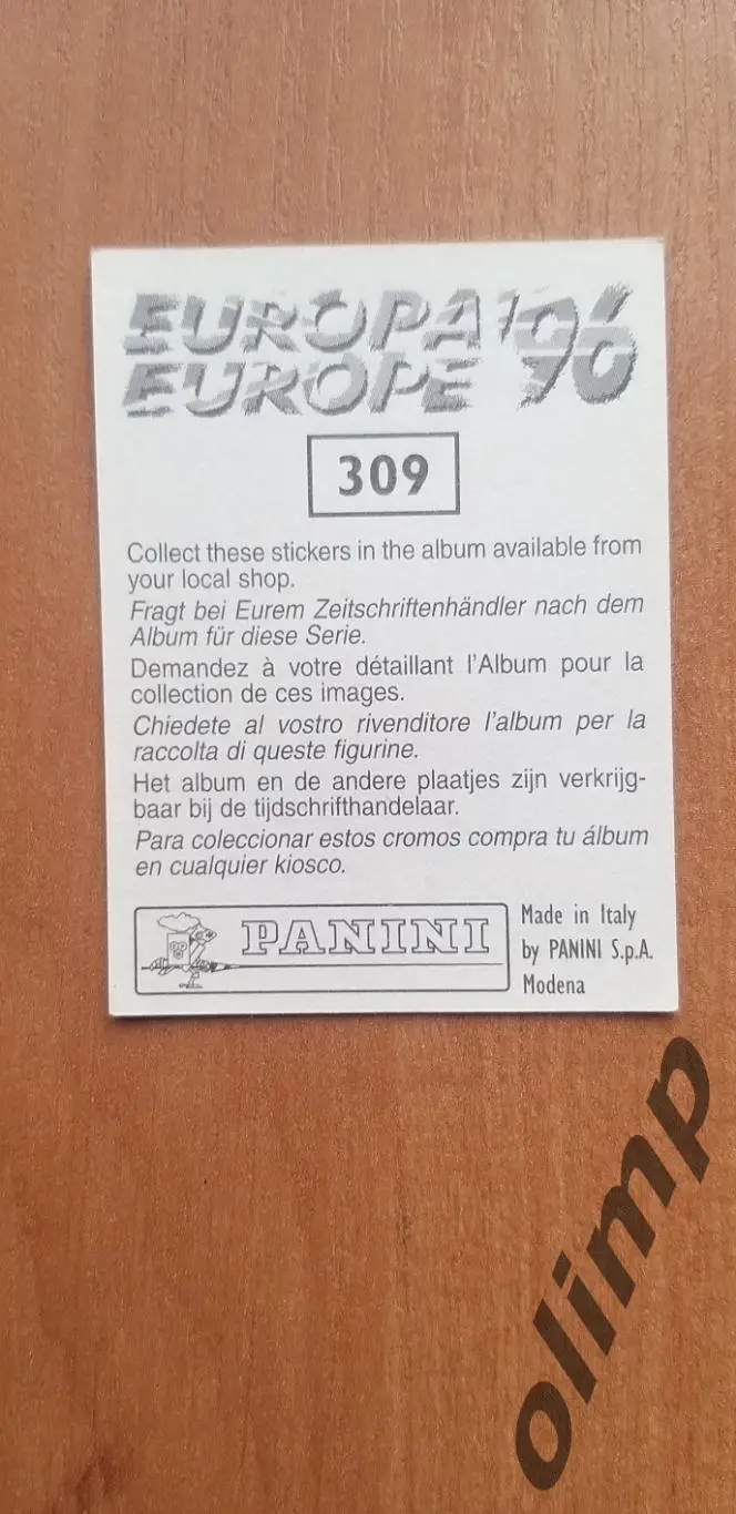 Наклейка Panini к Чемпионату Европы 1996, №309 1