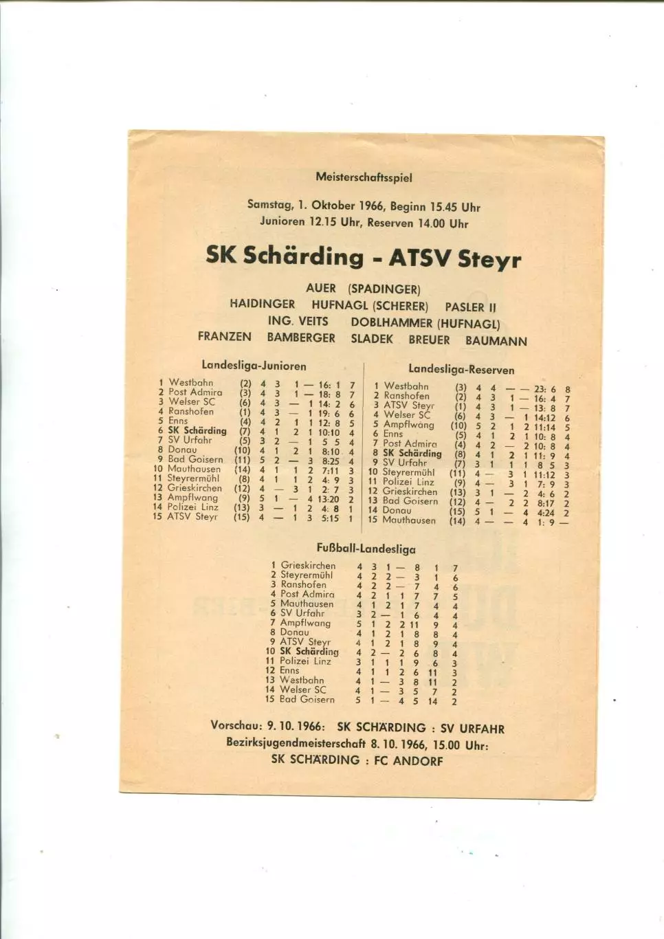 Чемпионат Австрии. 01.10.1966 SK Scharding - ATSV Steyr