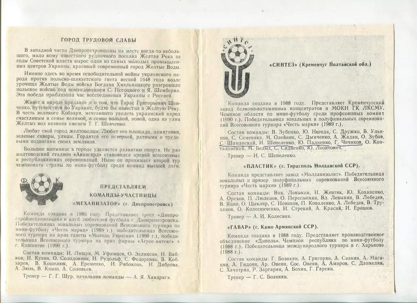 Чемпионат СССР по мини-футболу, Жёлтые Воды, 19-22.07.1990, участники в описании 1