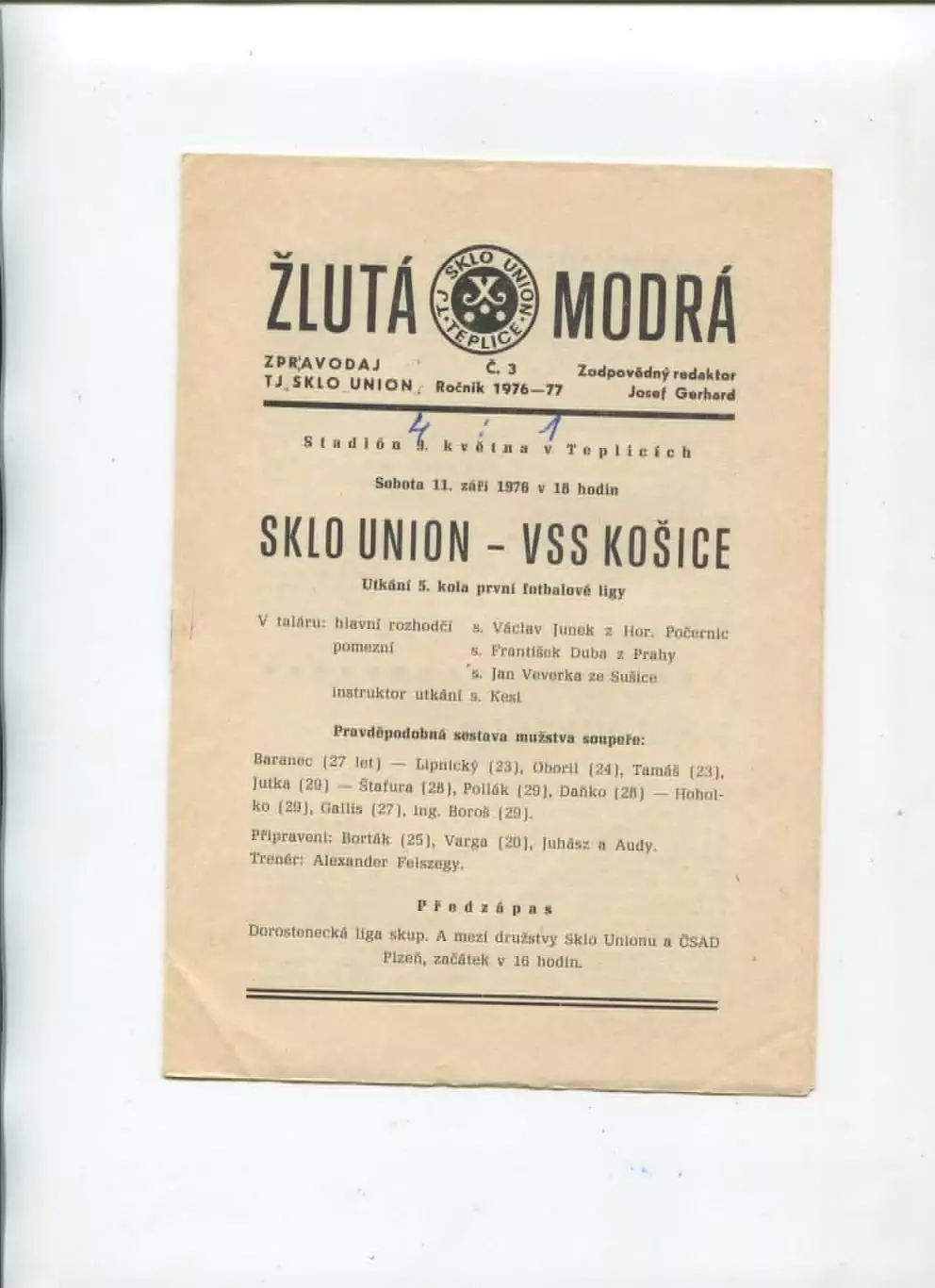 Чемпионат Чехословакии. Programme Sklo Union Teplice - VSS Kosice 11.09.1976