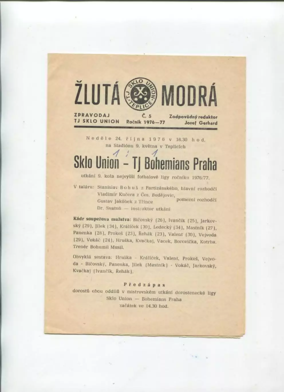 Чемпионат Чехословакии. Sklo Union Teplice - TJ Bohemians Prague 24.10.1976