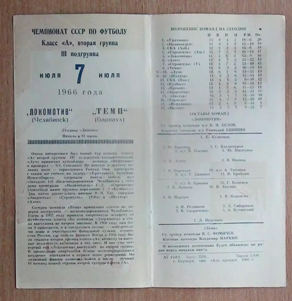 Темп Барнаул - Локомотив Челябинск 1966 1