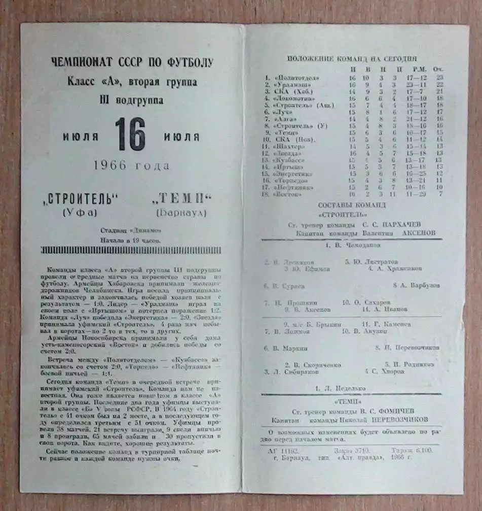 Темп Барнаул - Строитель Уфа 1966 1