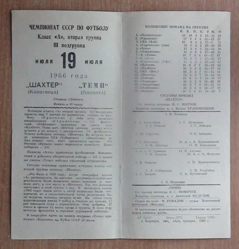 Темп Барнаул - Шахтёр Караганда 1966 1