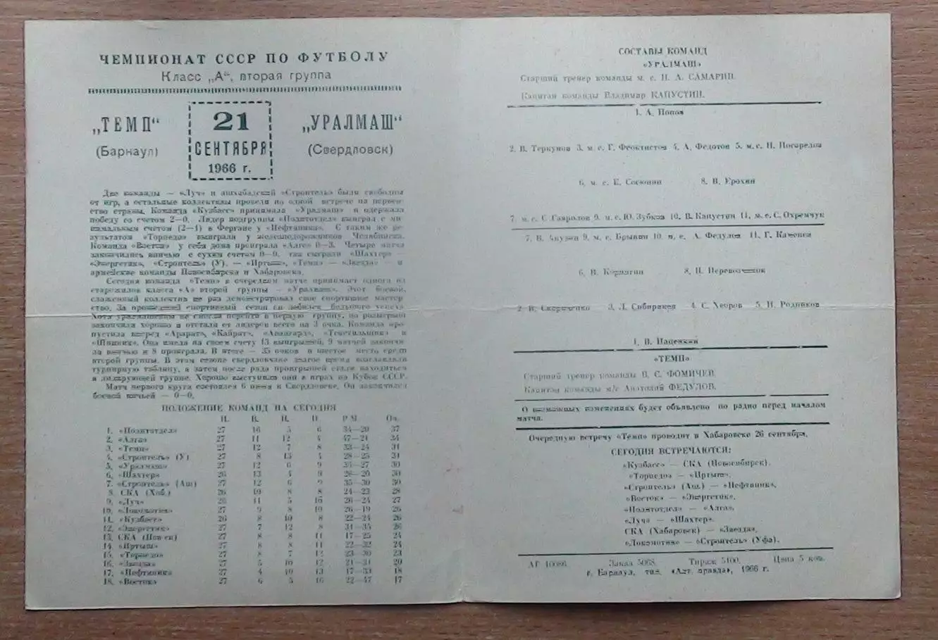 Темп Барнаул - Уралмаш Свердловск 1966 1