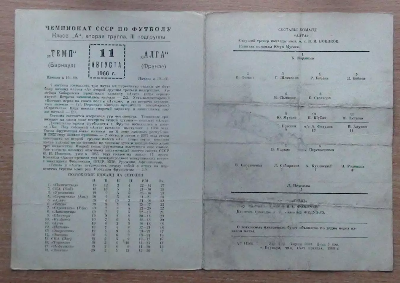 Темп Барнаул - Алга Фрунзе 1966 1