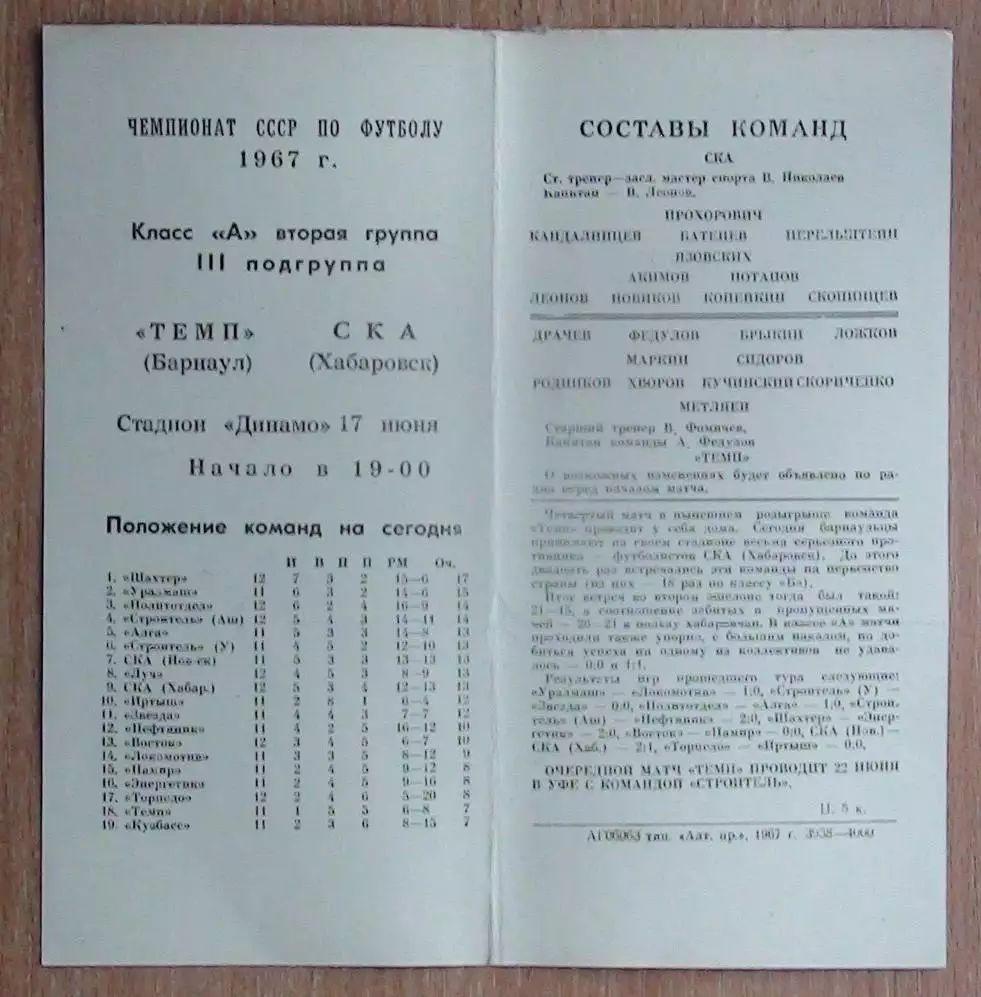 Темп Барнаул - СКА Хабаровск 1967 1