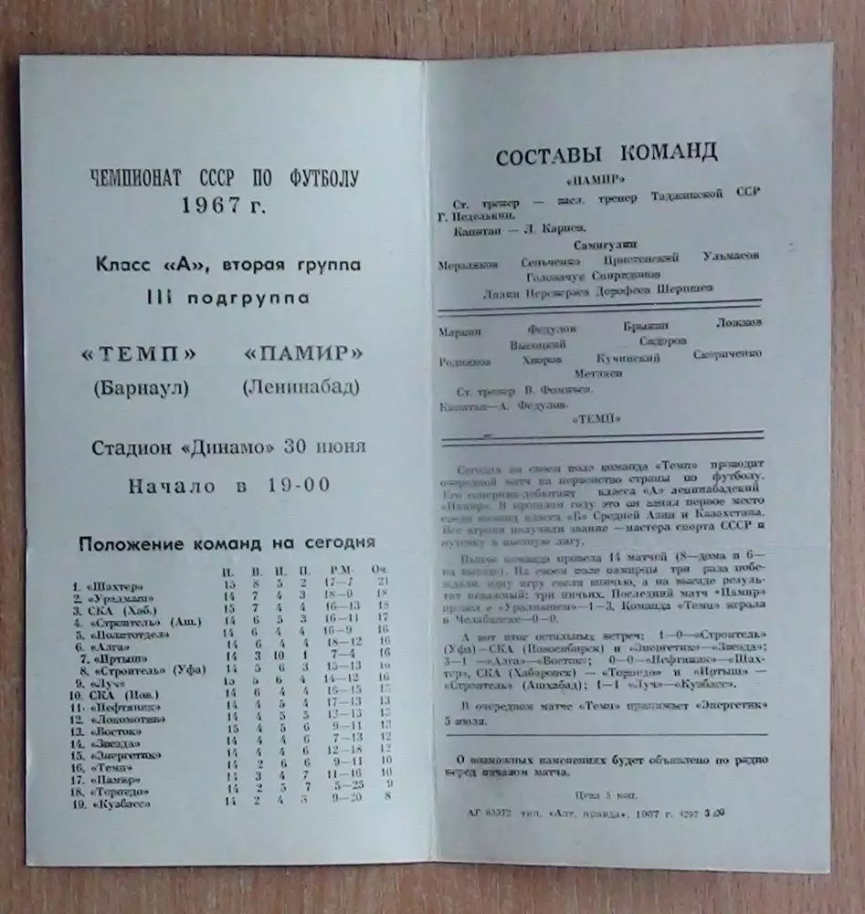Темп Барнаул - Памир Ленинабад 1967 1