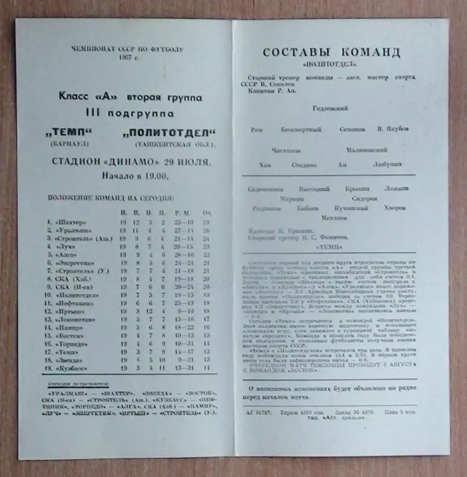 Темп Барнаул - Политотдел, Ташкентская обл. 1967 1