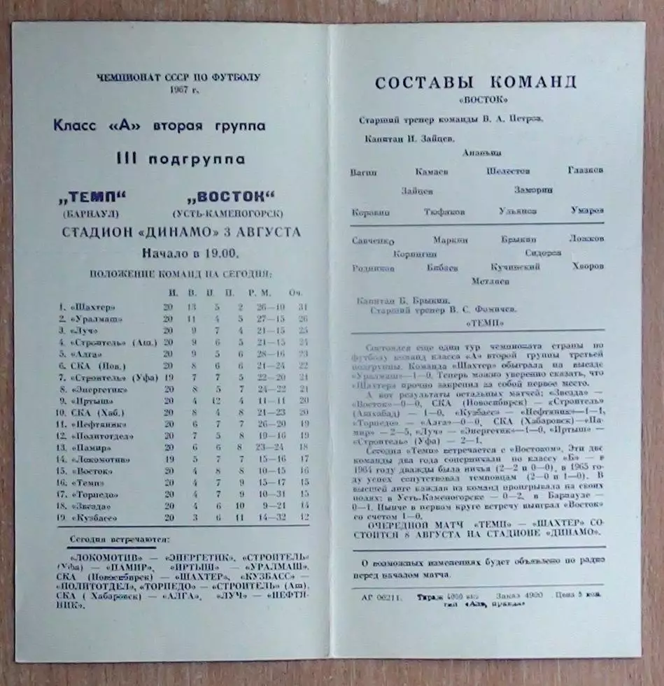 Темп Барнаул - Восток Усть-Каменогорск 1967 1