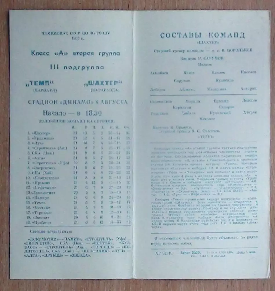 Темп Барнаул - Шахтёр Караганда 1967 1