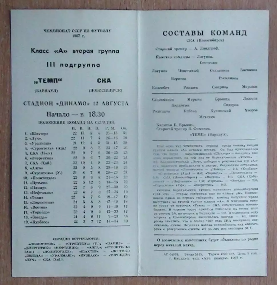 Темп Барнаул - СКА Новосибирск 1967 1