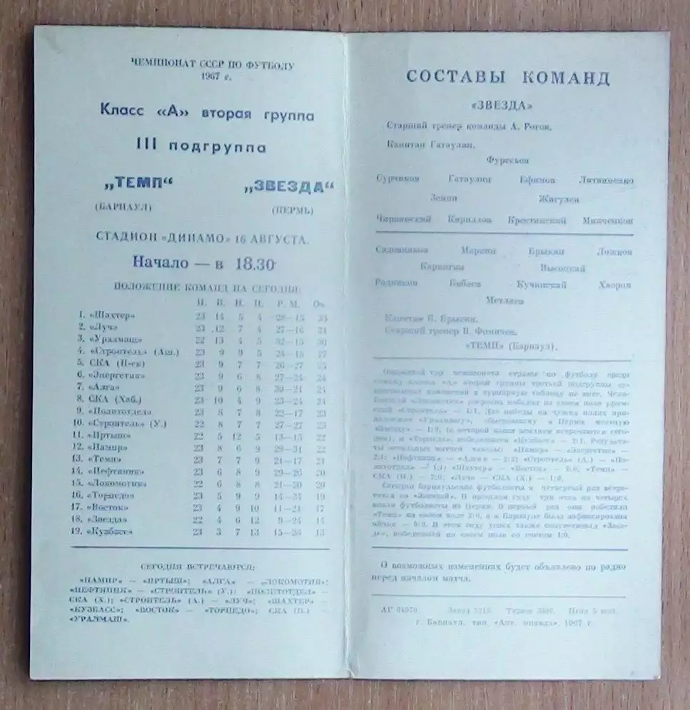 Темп Барнаул - Звезда Пермь 1967 1