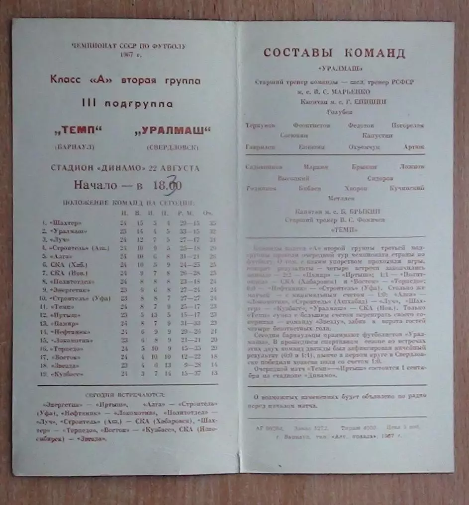 Темп Барнаул - Уралмаш Свердловск 1967 1